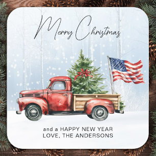 Vintage-Weihnachten-Roter-LKW-Patriotische-USA-Fla Quadratischer Aufkleber