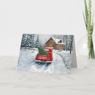 Vintage-Weihnachten-Roter-LKW-Winterhütte 1 Foto Karte