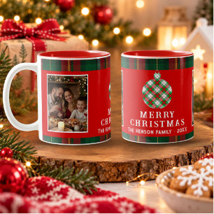 Vintage-Weihnachten Roter Tartan-Karo 2 Fotos Zweifarbige Tasse
