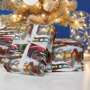 Vintage-Weihnachten rotes Auto im Schnee  Geschenkpapier