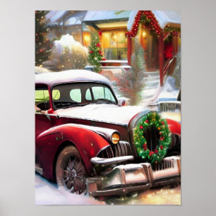 Vintage-Weihnachten rotes Auto im Schnee  Poster