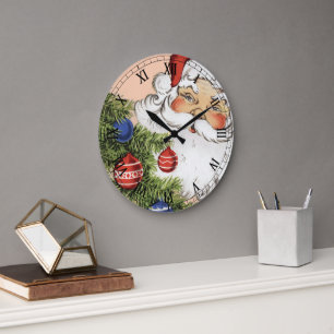 Vintage-Weihnachten Santa Claus mit Baumschmuck Große Wanduhr