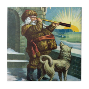 Vintage Weihnachten Santa Claus Teleskop Hund Sonn Fliese