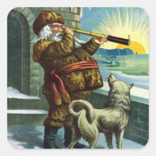 Vintage Weihnachten Santa Claus Teleskop Hund Sonn Quadratischer Aufkleber