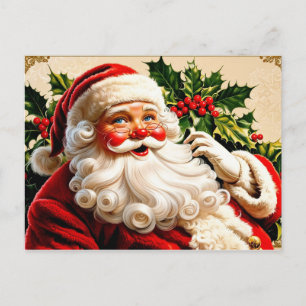 Vintage-Weihnachten-Santa-Claus-und-Stechpalmen-Be Feiertagspostkarte
