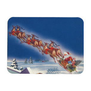 Vintage Weihnachten, Santa fliegt mit Schlitten un Magnet