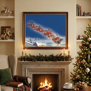 Vintage Weihnachten, Santa fliegt mit Schlitten un Poster