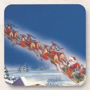 Vintage Weihnachten, Santa fliegt mit Schlitten un Untersetzer
