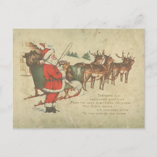 Vintage-Weihnachten-Santa-Schlitten-Rentiere-Feier Feiertagspostkarte (Vorderseite)