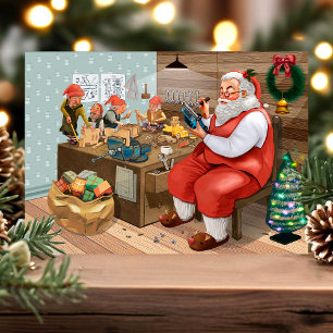 Vintage-Weihnachten-Santa-Werkstatt-Feiertags-Post Feiertagspostkarte