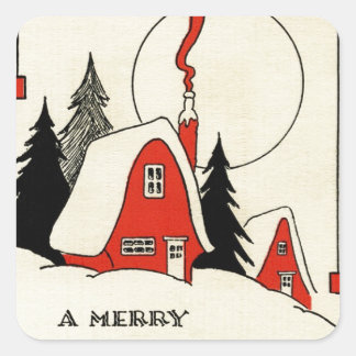 Vintage-Weihnachten-Schneehütte Quadratischer Aufkleber