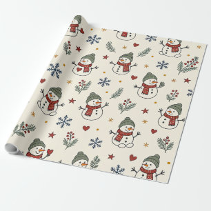 Vintage-Weihnachten-Schneemänner-Herzen-Grün-Pflan Geschenkpapier