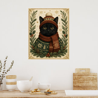 Vintage-Weihnachten schwarze Katze Poster