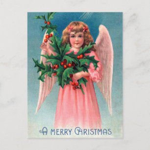 Vintage Weihnachten Stechpalme rosa Engel Postkart