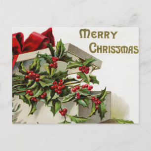 Vintage-Weihnachten-Stechpalmen-Beeren-Schachtel-P Feiertagspostkarte