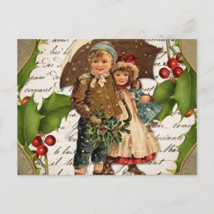 Vintage-Weihnachten Stechpalmen-Beeren und Kinder Feiertagspostkarte