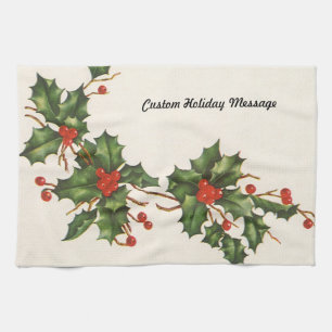 Vintage Weihnachten, Stechpalmenpflanze mit roten Geschirrtuch