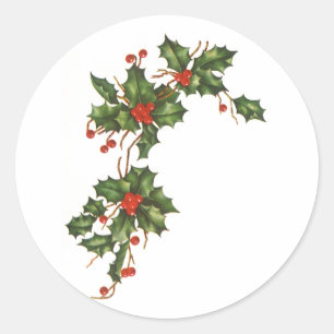 Vintage Weihnachten, Stechpalmenpflanze mit roten  Runder Aufkleber
