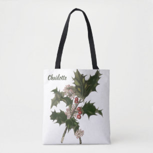 Vintage Weihnachten, Stechpalmenpflanze mit roten  Tasche