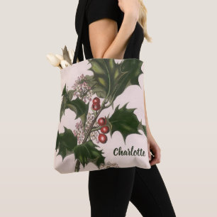 Vintage Weihnachten, Stechpalmenpflanze mit roten  Tasche