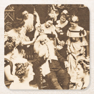 Vintage Weihnachten Stereoview Santa und die Damen Rechteckiger Pappuntersetzer