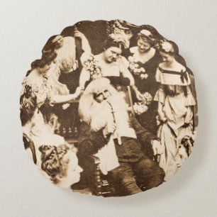 Vintage-Weihnachten Stereoview Santa und die Damen Rundes Kissen