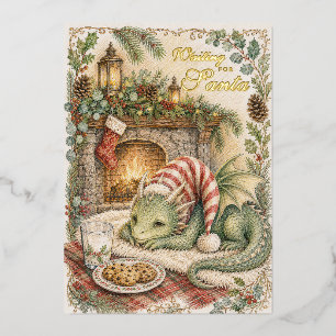 Vintage-Weihnachten Süßer Baby-Drache wartet auf d Folien Feiertagskarte