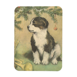 Vintage Weihnachten, süßer Welpe unter dem Weihnac Magnet