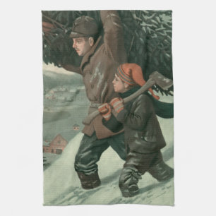 Vintage Weihnachten, Vater und Sohn fällen einen B Geschirrtuch