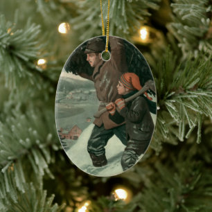 Vintage Weihnachten, Vater und Sohn fällen einen B Keramikornament