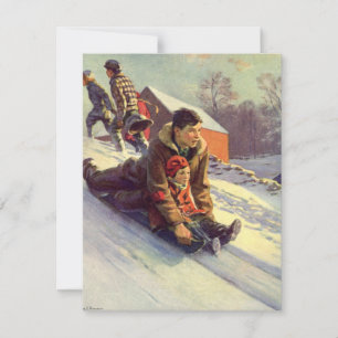 Vintage Weihnachten, Vater und Tochter beim Schlit Feiertagskarte