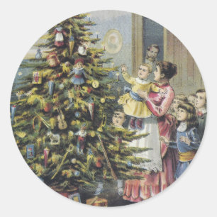 Vintage Weihnachten, viktorianische Familie um den Runder Aufkleber