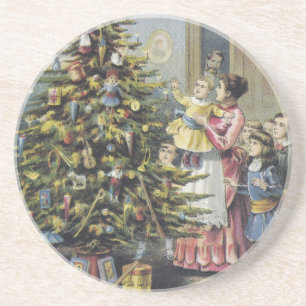 Vintage Weihnachten, viktorianische Familie um den Sandstein Untersetzer
