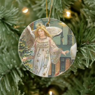 Vintage Weihnachten, viktorianischer Engel mit Bau Keramikornament