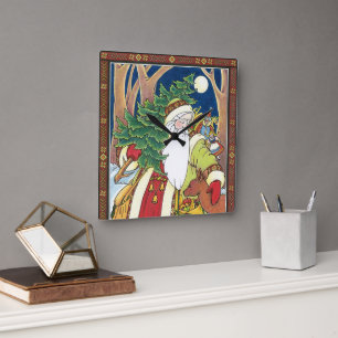 Vintage Weihnachten, Weihnachtsmann Hirsch im Wald Quadratische Wanduhr