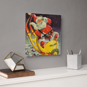 Vintage-Weihnachten, Weihnachtsmann in einem Raums Quadratische Wanduhr