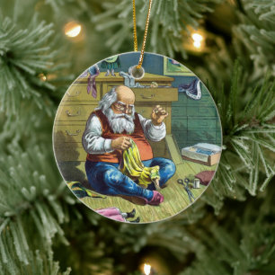 Vintage Weihnachten, Weihnachtsmann macht Spielzeu Keramikornament