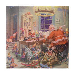 Vintage Weihnachten, Weihnachtsmann mit Elfen-Werk Fliese