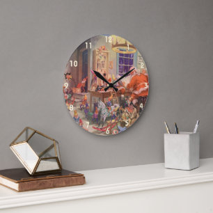 Vintage Weihnachten, Weihnachtsmann mit Elfen-Werk Große Wanduhr