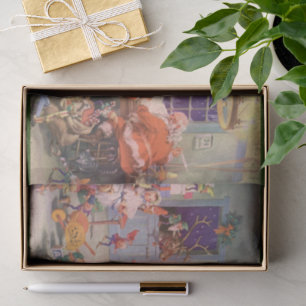 Vintage Weihnachten, Weihnachtsmann mit Elfen-Werk Seidenpapier