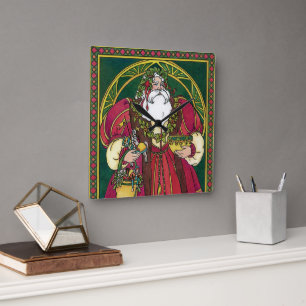 Vintage Weihnachten, Weihnachtsmann mit Stechpalme Quadratische Wanduhr