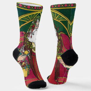 Vintage Weihnachten, Weihnachtsmann mit Stechpalme Socken