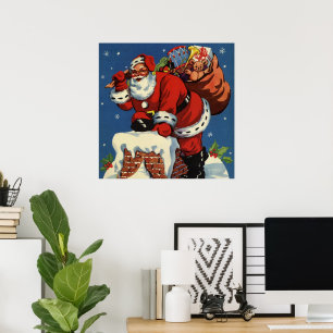 Vintage Weihnachten, Weihnachtsmann steigt durch d Poster