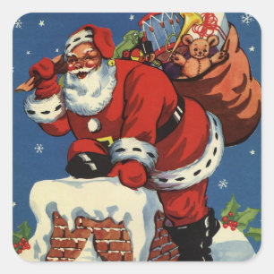 Vintage Weihnachten, Weihnachtsmann steigt durch d Quadratischer Aufkleber