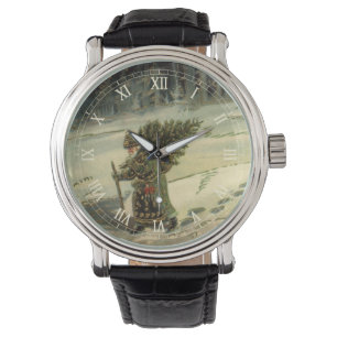 Vintage Weihnachten, Weihnachtsmann trägt einen Ba Armbanduhr