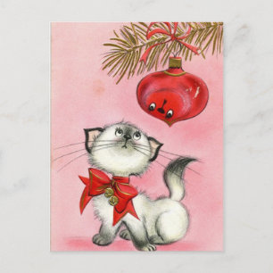 Vintage-Weihnachten Weiße Kitty Feiertagspostkarte