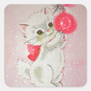 Vintage-Weihnachten Weiße Kitty Quadratischer Aufkleber
