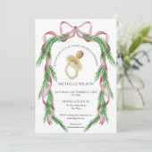 Vintage Weihnachten Winter Grün Pink Bow Einladung (Stehend Vorderseite)