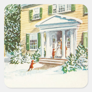 Vintage-Weihnachten Winter Schnee Zuhause Haus Quadratischer Aufkleber