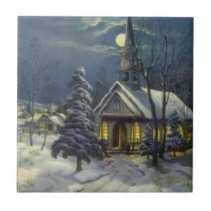 Vintage Weihnachten, Winterkirche im Schnee mit Mo Fliese
